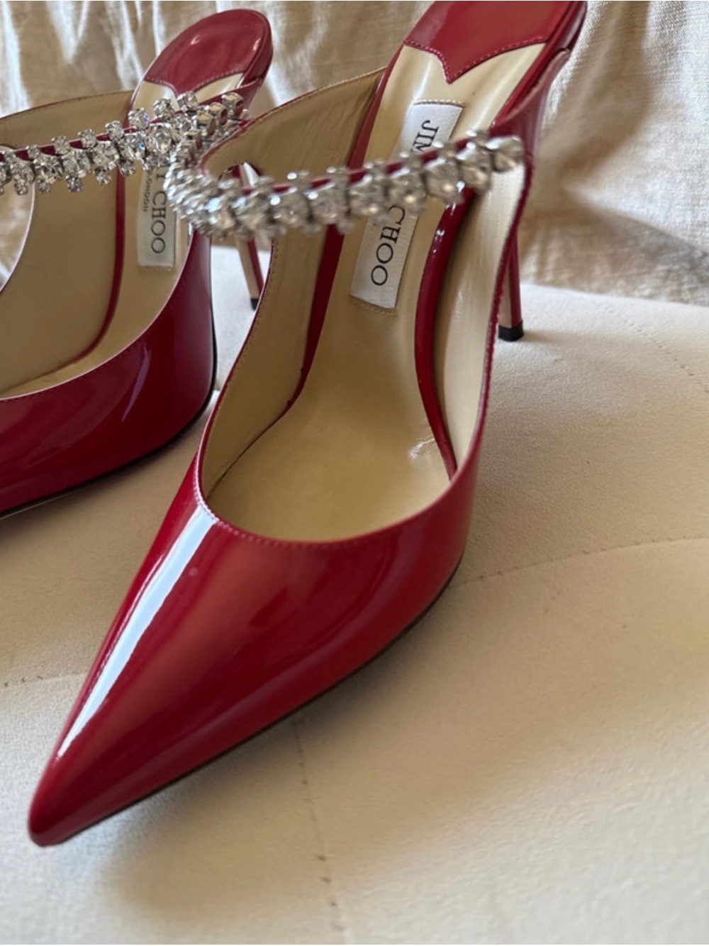 Jimmy Choo Red Patent Pointed Toe Crystal-Strap Mules - Picture 11 of 11
